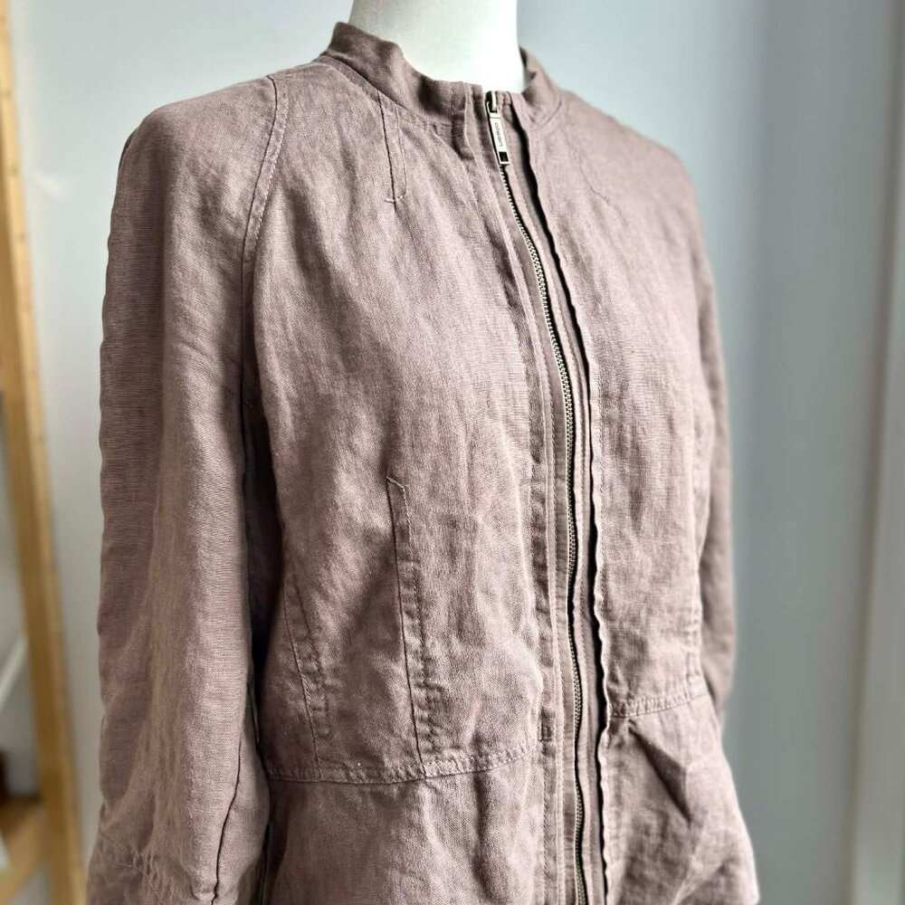 Olsen Mushroom Pure Linen Jacket with Tailored Seaming & Two-Way Zip – US 10